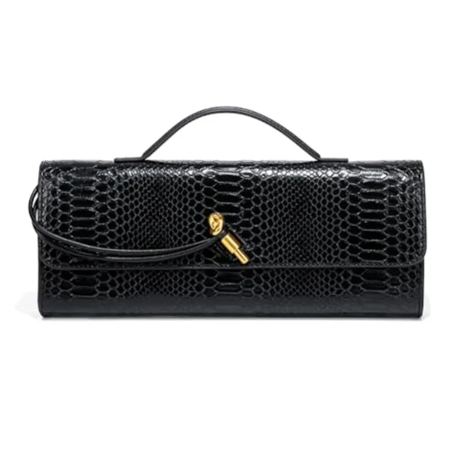 

Evening clutch bag for women, crocodile-print leather, black, lightweight and elegant design with versatile crossbody and tote