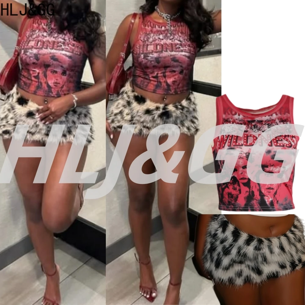 

HLJ&GG Y2K Fashion Mesh Print Tank Top Two Piece Sets Women O Neck Sleeveless Slim Vest And Fur Mini Skirts Outfits Streetwear