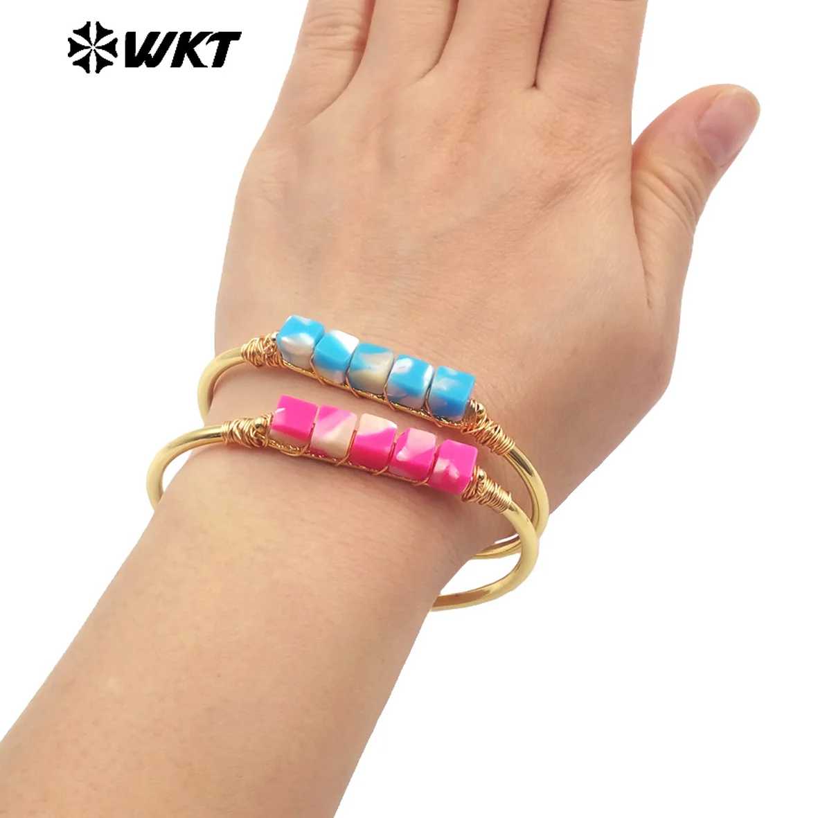 WT-B657 Latest New Geometric Square Shape Colorful Shell With 18K Gold Olating Adjustable Bangle For Girls Decoration