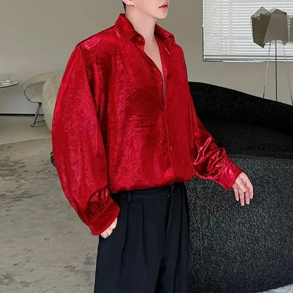 Mens Shirt Metallic Glossy Shirt Autumn Fashion Trend Nightclub Campus Stage Temperament Long-Sleeved Top Men'S Clothing 2024