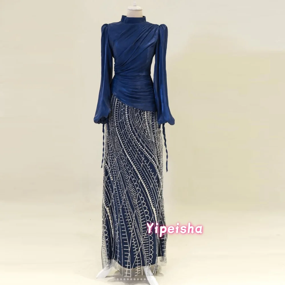Maßgeschneidertes, exquisites Damen-Abendkleid mit Pailletten und Perlen, hoher Kragen, lange Ärmel, bodenlanges Ballkleid, Partykleid