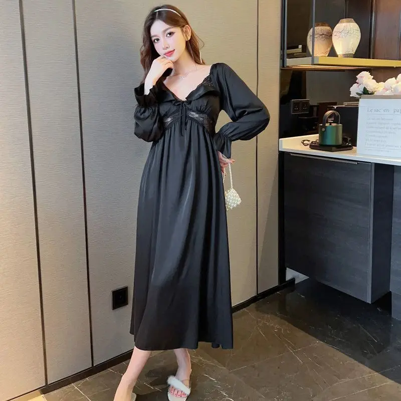 

Spring Long Sleeve Sexy Lace V-neck Silk Satin Nightgowns For Women Korean Cute Bow Sleepwear Night Dress Nightdress Home Nighty