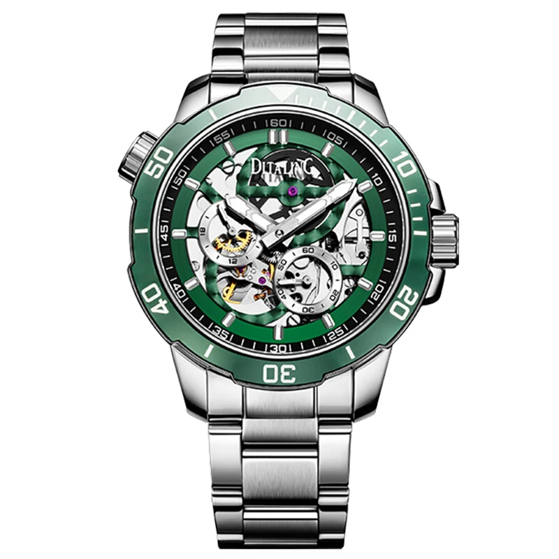 DITALING Men Automatic Watch 42mm Mechanical Wristwatch Waterproof Sport Luminous Sapphire Mirror Skeleton Dial Exhaust Valve