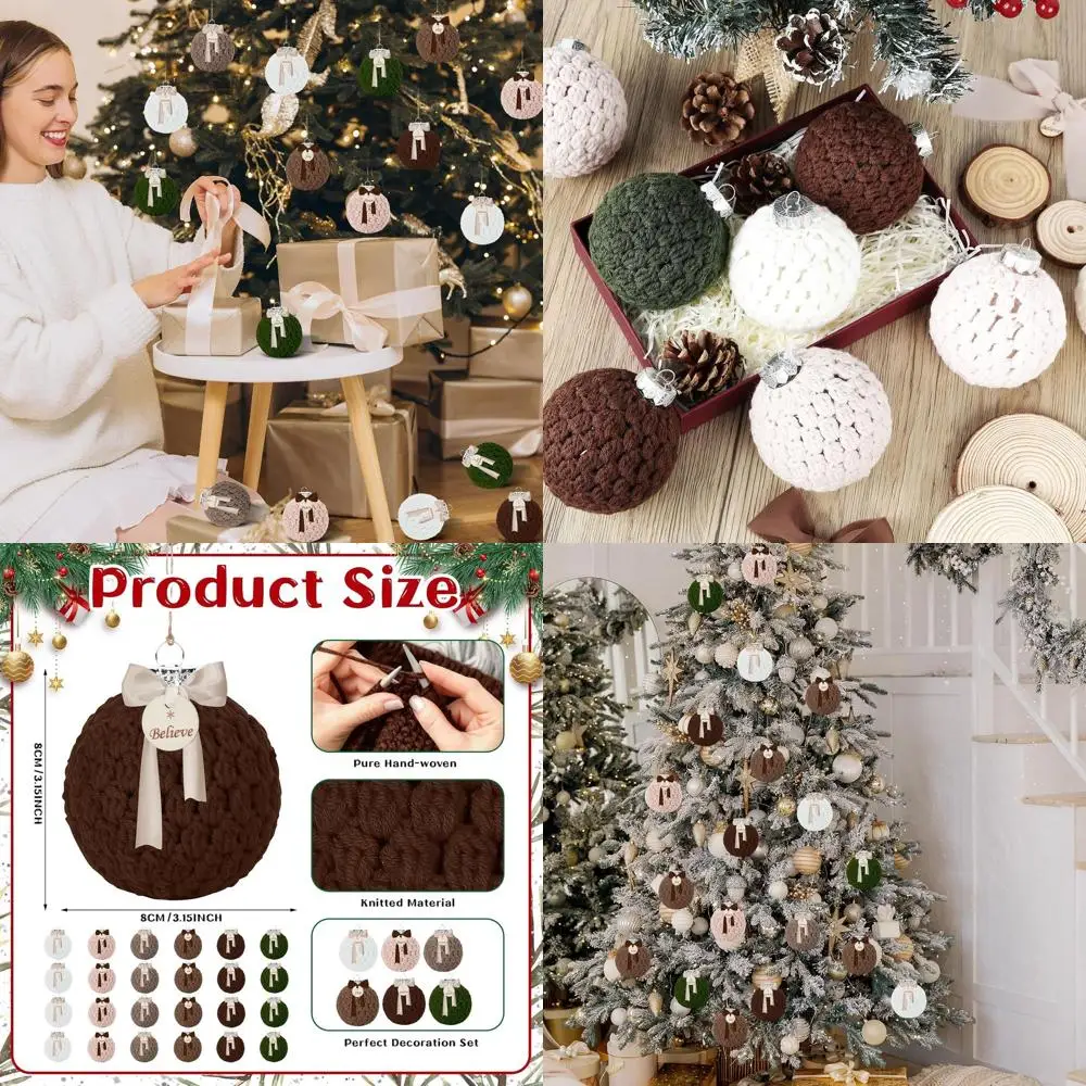 

Вязаные крючком бежевые рождественские шары с деревянными фишками, лентами и нейтральными цветами для деревенского фермерского дома и подарочных принадлежностей