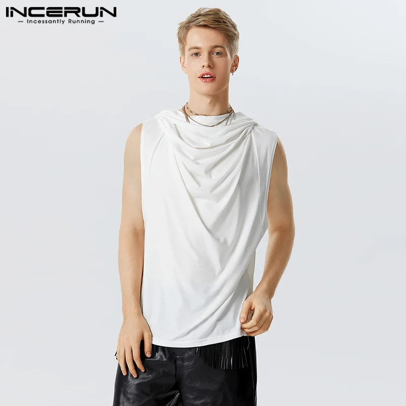 INCERUN Tops 2023 Handsome Men's Stylish Solid Hooded Waistcoat Casual Streetwear Loose Sleeveless Pile Collar Tank Tops S-5XL