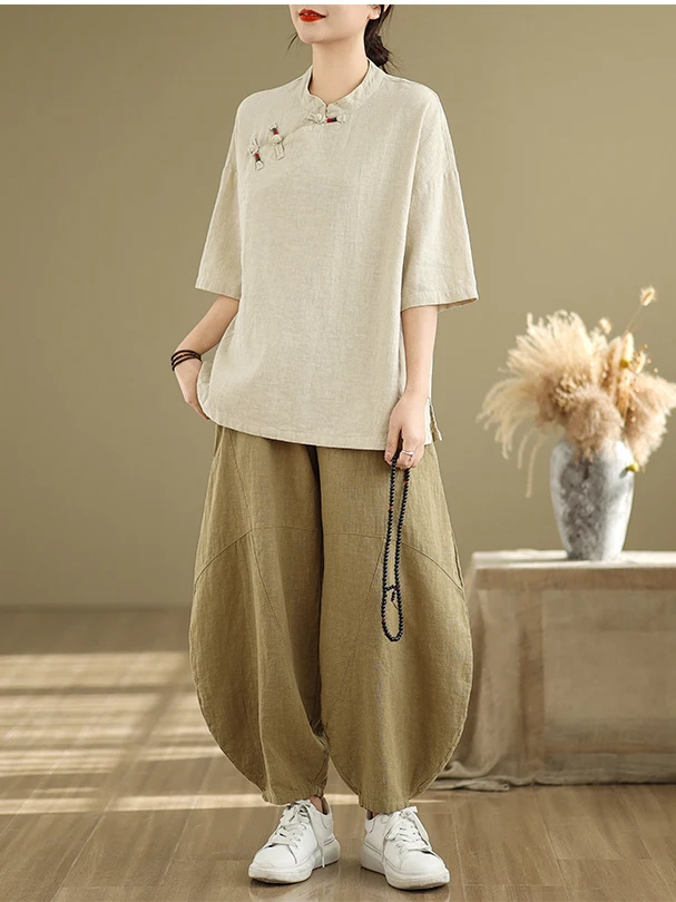 

Retro Chinese Style Zen Mind Cotton Linen Short Sleeve Shirt And Long Pants Women's Two Piece Set Spring Summer Breathable Ca...