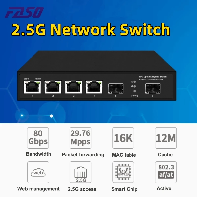 

2.5G None-POE Network Switch 4 Port Ethernet Switch with 2*10G SFP+ for IP Camera/NVR