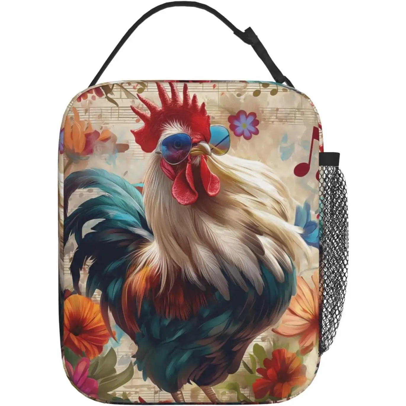 

Retro Rooster Print Insulated Lunch Box Gifts for Kids Adults Colorful Farm Chicken and Floral Design Reusable Portable Lunchbox