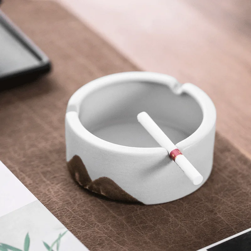 Chinese Zen Landscape Ceramic Ashtray Matte Rough Stoneware Ash Tray 4.5in Vintage Mountain Pattern Desktop Decor Living Office