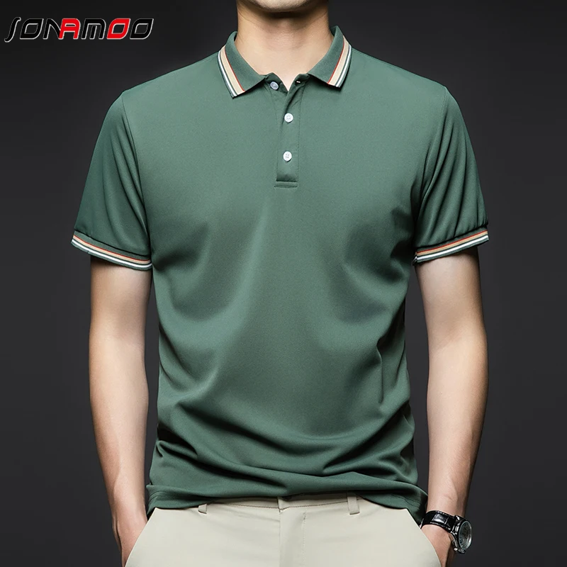 Men\'s Fashion Solid Short Sleeved Striped Lapel Polo Shirt Summer Breathable Comfortable Top