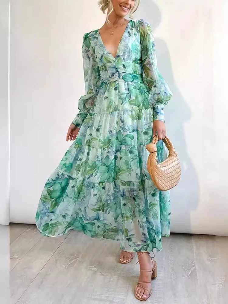 2024 Summer Fashion New Women\'s Elegant Beach Vacation Style Elegant Dress Printed V-neck Loose Long Sleeve Sexy Long Dress