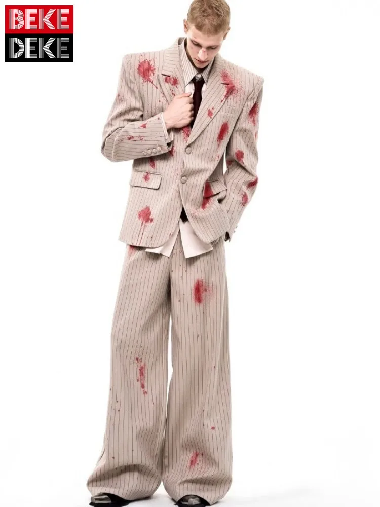 

Мужские осенне-зимние полосатые костюмы, комплект, однобортный свободный костюм, куртка, пиджаки, наряды, широкие брюки полной длины, комплект из двух предметов