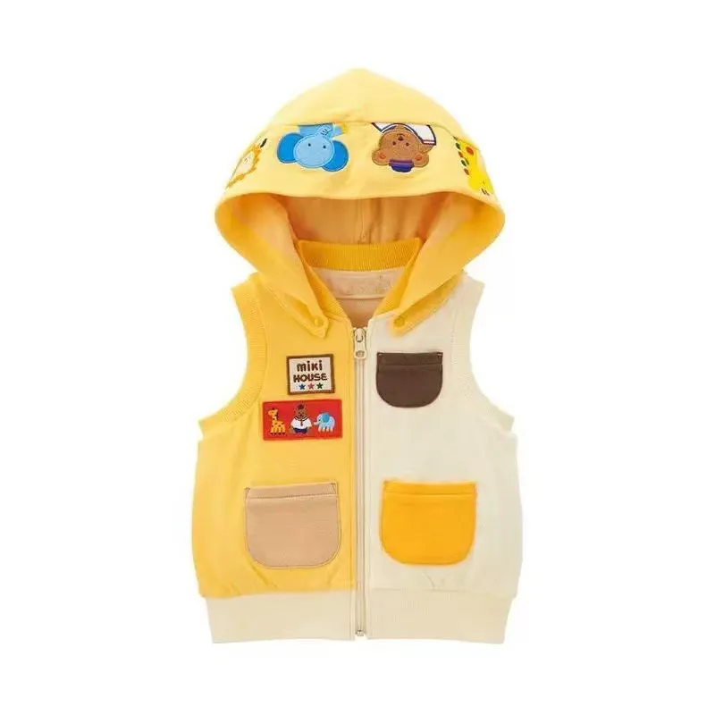 

Детский хлопковый жилет для мальчиков и девочек с отстегивающимся капюшоном, махровой подкладкой, с принтом медведя, темно-синий, весенняя верхняя одежда, высококачественный повседневный жилет-топ для детей