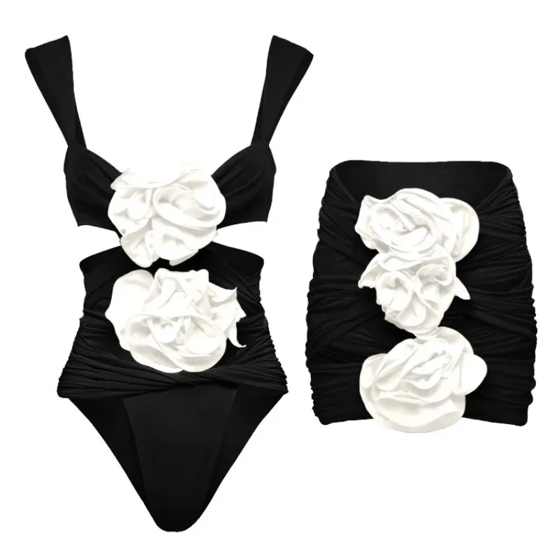 One Piece Swimsuit For Women Swimsuit Women's Three-dimensional Flower Decoration Hollow Solid Color Sexy One-piece Swimsuit Set