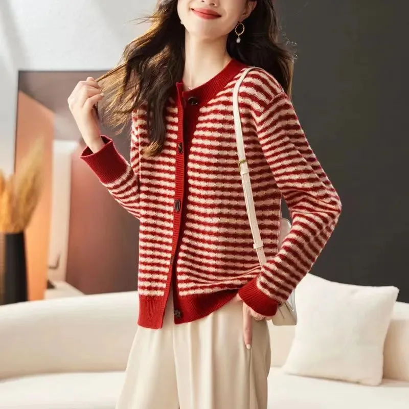 

Spring and Autumn Women's Round Neck Button Cardigan Striped Contrast Color Long Sleeve Fashion Casual Elegant Top