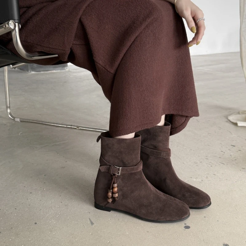 2025年-シンプルでおしゃれな売れ筋ショートブーツ-西洋風-レディース-スリム-スエード-秋冬-ローヒール-ラウンドトゥ-ブーツ