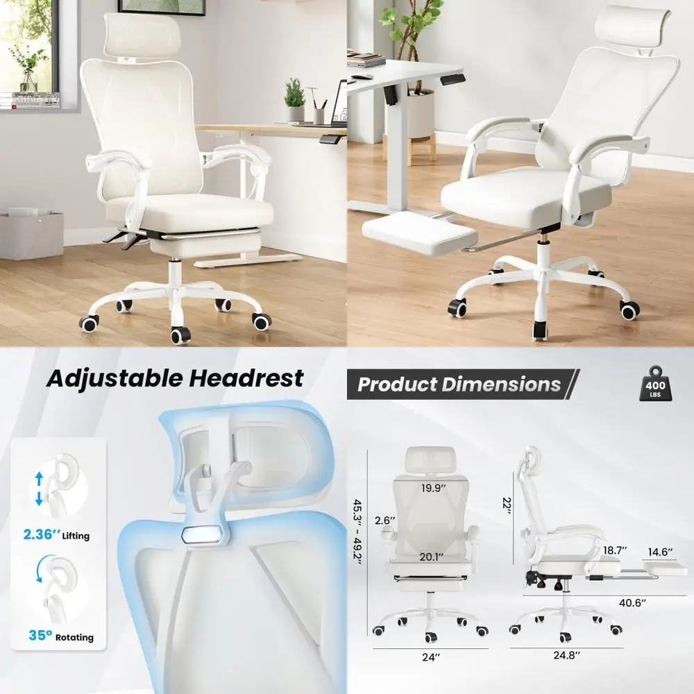 

Ergonomic High-Back Mesh Desk Chair with Headrest and Adjustable Lumbar Support, Office Chair with Footrest