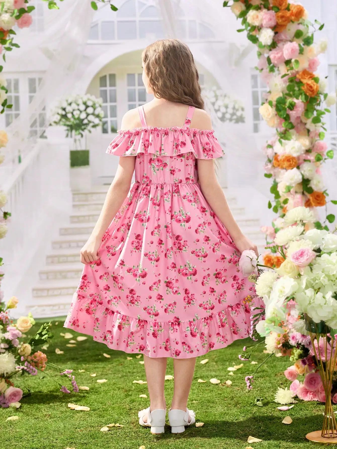 Girl's Summer 7-14Y Off Shoulder Ruffled Floral Print A‑Line Dress for Daily Birthday Party School Outdoor Kids Wear Sweet