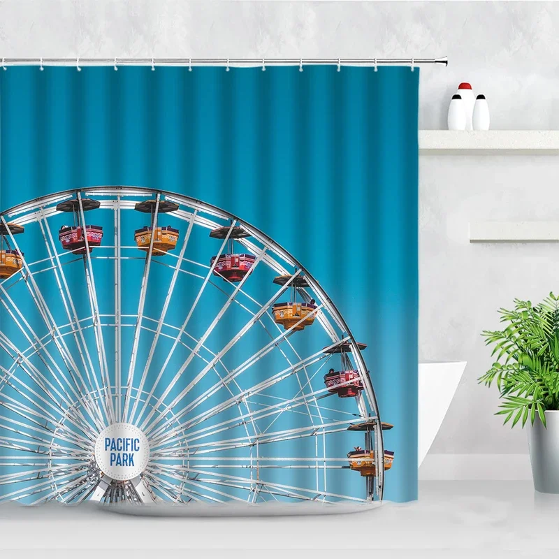 3D Ferris Wheel Shower Curtains Waterproof Fabric Bath Screen London Building City Scenery Home Decor Hooks Bathroom Curtain Set