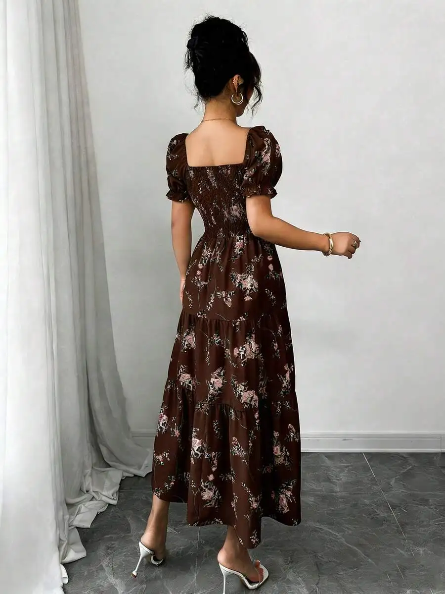 Women's Spring/Summer Square Neck Pleated Short Sleeve Ruffle Hem Maxi Dress, Featuring Small Ditsy Floral, Suitable For Casual