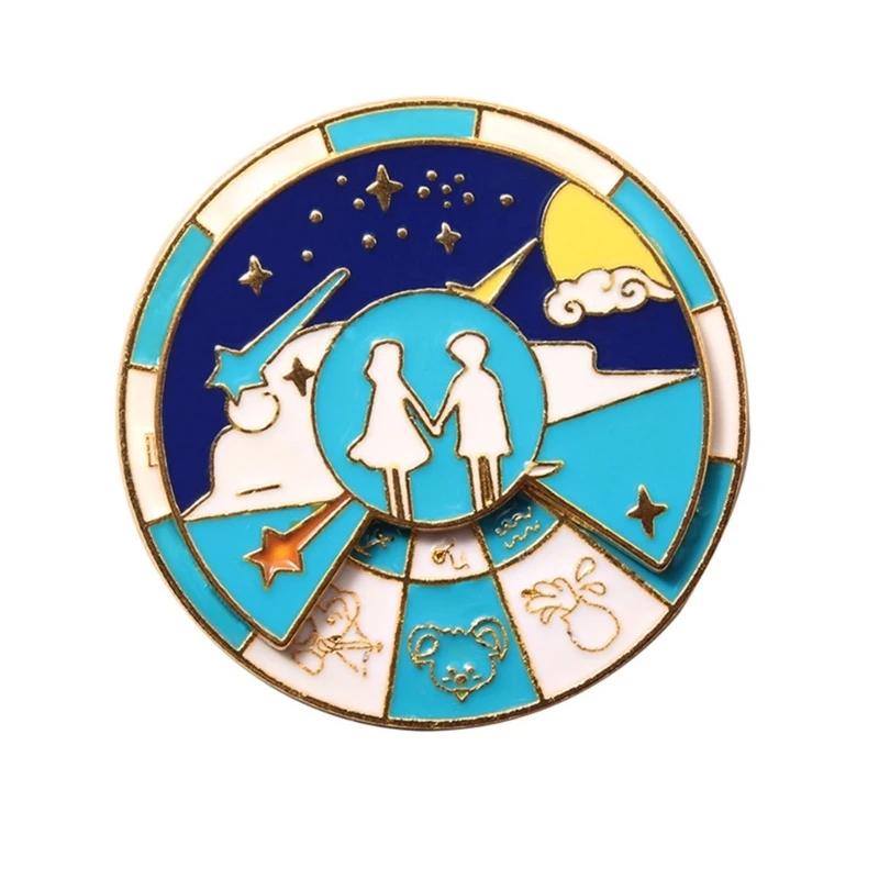 Fashion Zodiac Badge Pin Trendy Enamel Brooch 12 Constellations Rotating Starry Air Turnable Metal Laple Pin for Lovers