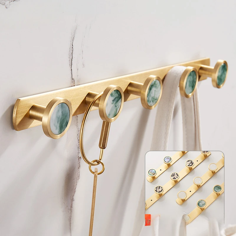 Light Luxury Brushed Brass Clothes Hanger, Colorful Shell, Copper Entrance Clothes Coat Hooks, Non-punch Towel Storage Rack