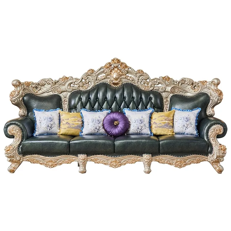 European villa sofa 124 combination large apartment luxury living room solid wood carving flower high-grade dark green leather s