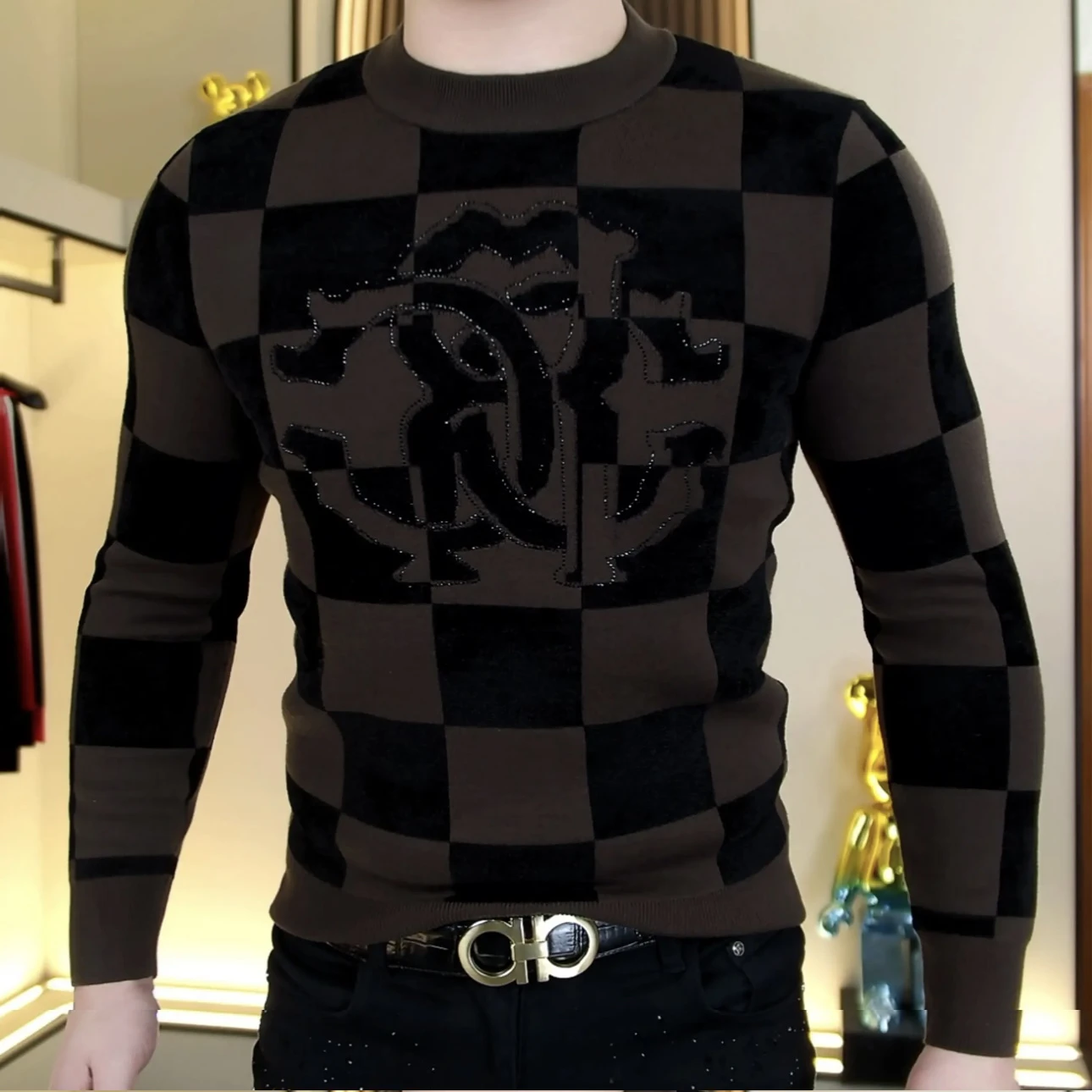 

Slim Fit Men's Knitted Sweater Faionable round Ne Embroidered Elastic Base Layer Winter Warm ort Sve Long Sve