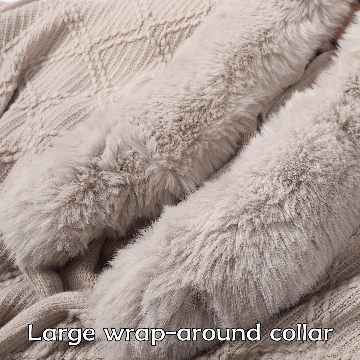 Women's faux fur collar diamond knitted shawl, vintage tassel loose cape, warm multifunctional shawl view 3