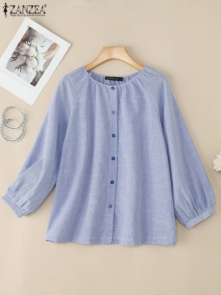 2025 ZANZEA Autunno Camicie a righe Top a maniche lunghe Donna elegante OL Camicetta da lavoro Bottoni casual Up Blusas Chemise femminile Oversize