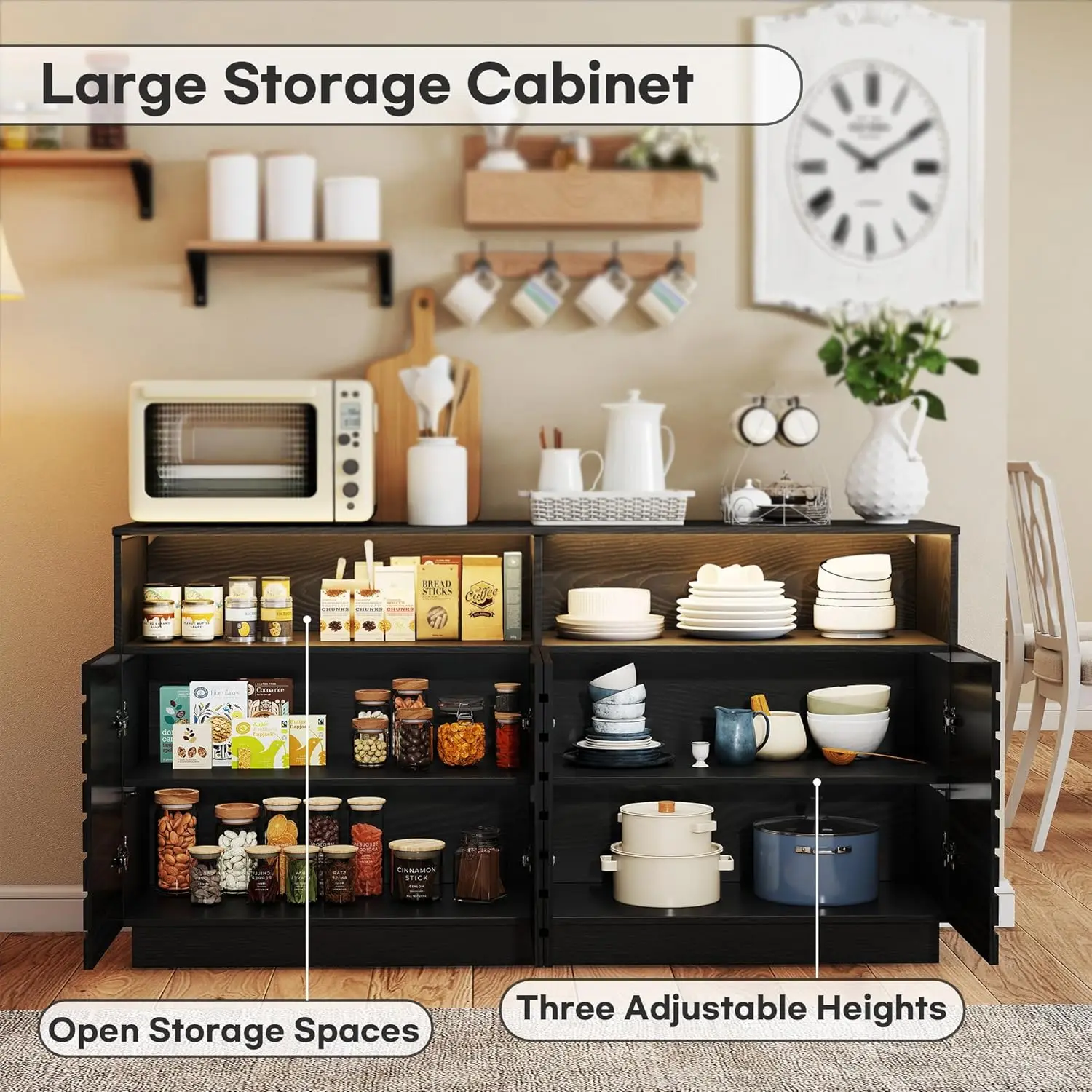 Credenza nera da 60' con luci a LED e ante scanalate, ripiani regolabili, mobile bar per soggiorno