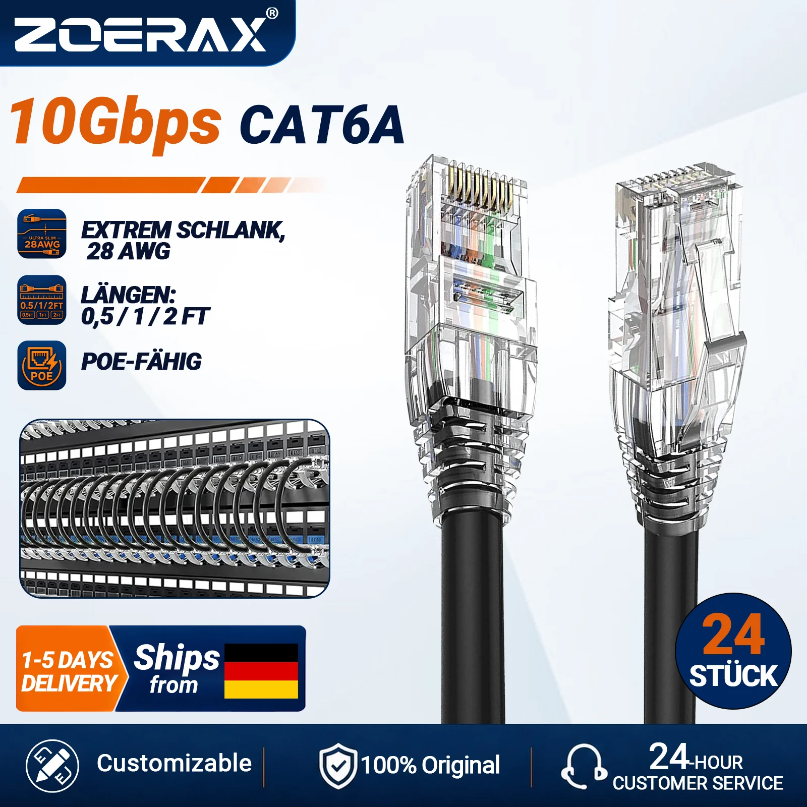 ZoeRax RJ45 CAT6A CAT6 Ethernet-Patchkabel 10Gbps PoE LAN-Kabel 28AWG UTP LAN-Leitung für Patchpanel PC TV Router Tablet