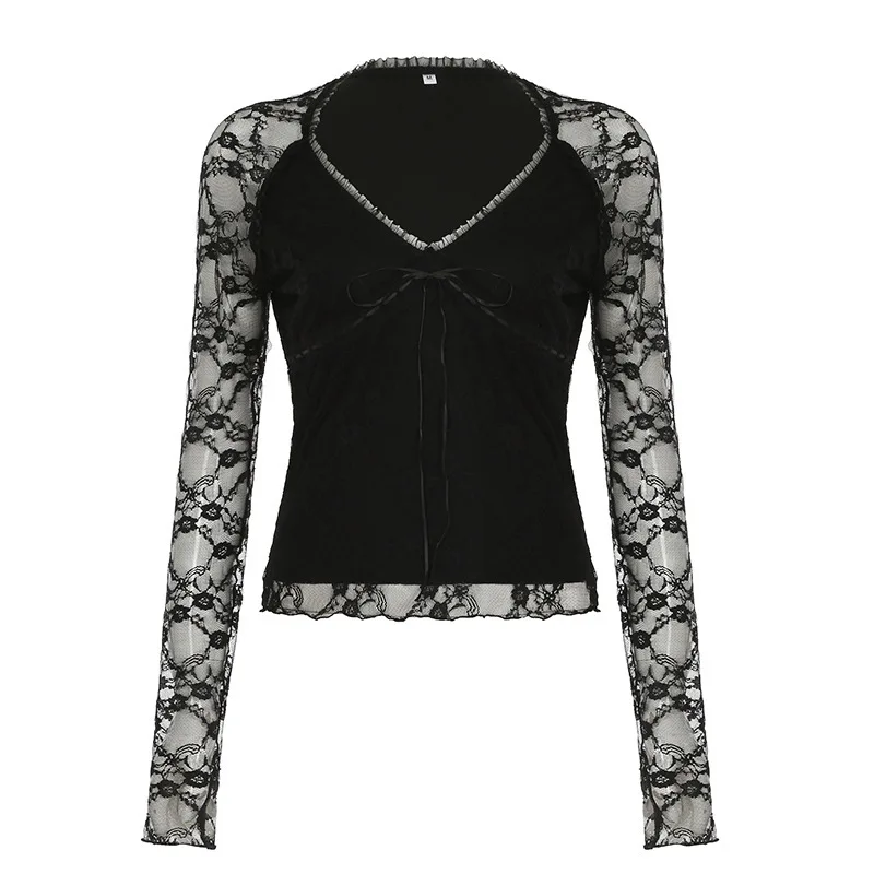 T-Shirt gothique foncé pour femmes, avec nœud en dentelle, col en v, chemise de Base transparente, fille épicée, Sexy, rue, amincissant, haut à manches longues