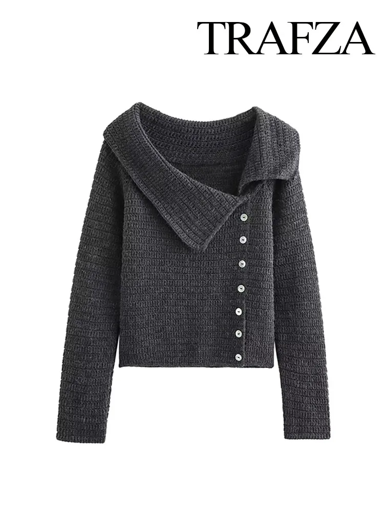 TRAFZA Women Autumn Fashion Coat Solid Turn-Down Collar Long Sleeves Single Breasted Knitted TopsFemale Casual Slim Cardigan