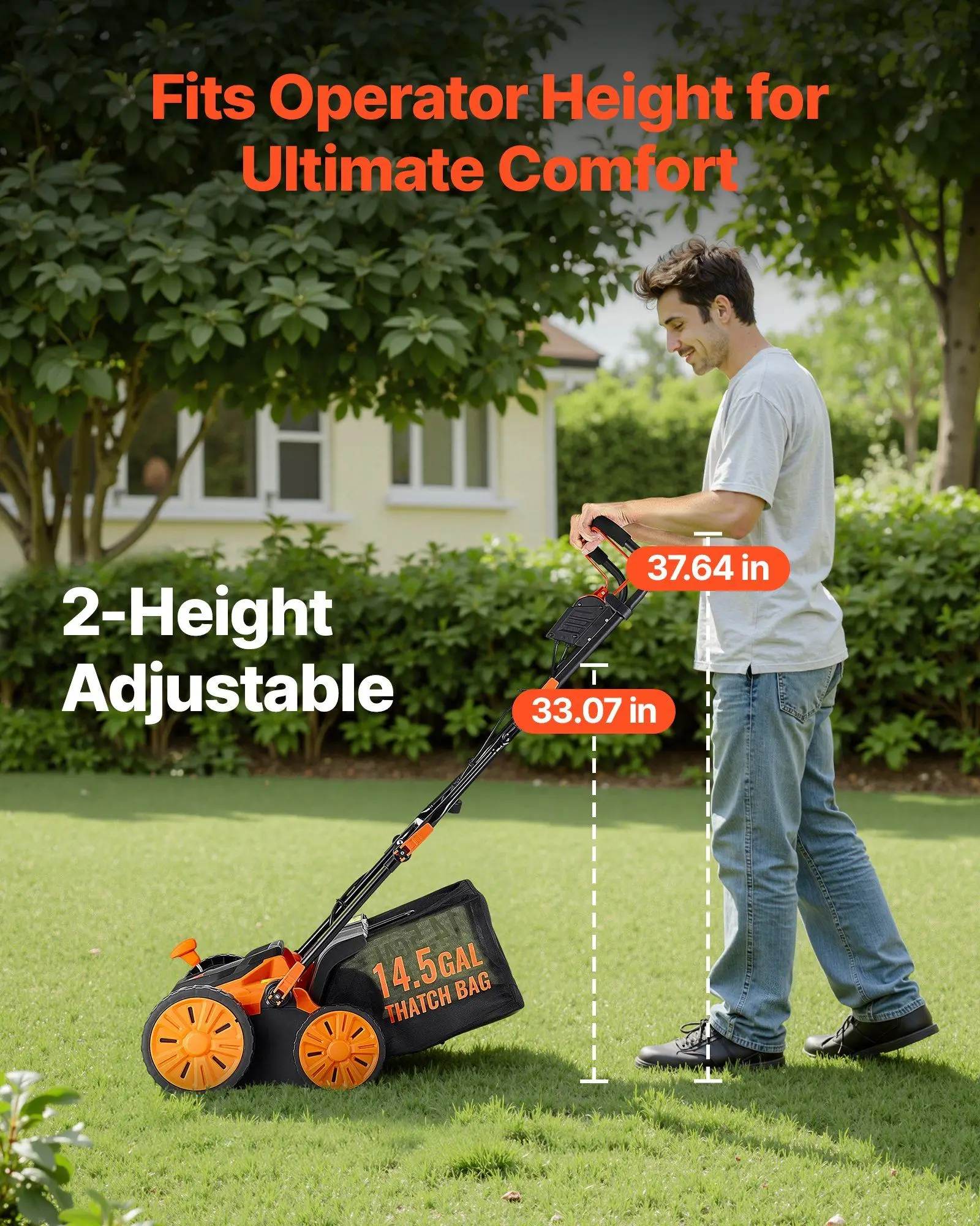 2-in-1 Electric Dethatcher and Scarifier, 16-Inch 15 Amp, Corded Lawn Dethatcher with 14.5-Gallon Thatch Collection Bag, 5-Position Depth Adjustment, Walk Behind Machine for Garden Yard Grass