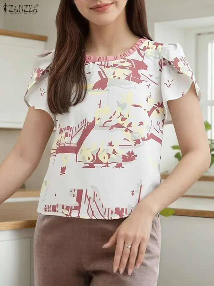 

ZANZEA Short Sleeve Tops Women Office Work Blusas 2025 Vintage Floral Printed Blouses Casual Loose O Neck Bohemian Ruffled Tunic