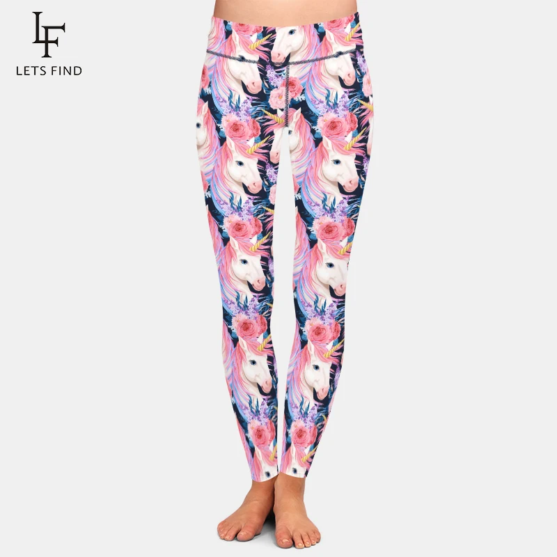 

LETSFIND Super Soft High Quaility Girls Leggings 3D Unicorns and Roses Print Fitness Pants High Waist Stretch Women Leggins