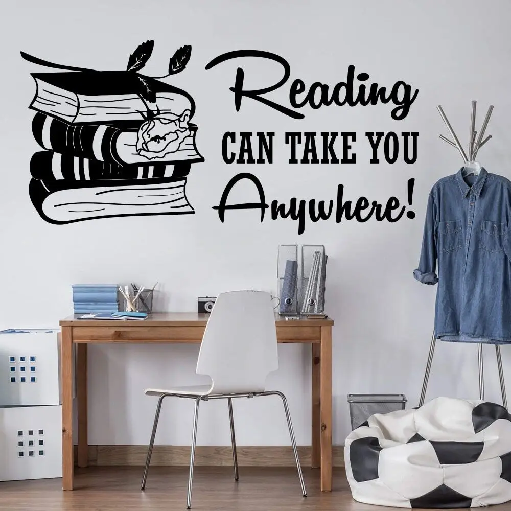 Reading Can Take You Anywhere Book Wall Decal Library Study Inspirational Quote Education Wall Sticker Classroom Kids Room