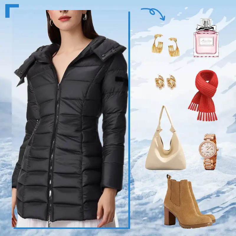 Women Winter Puffer Coat Warm Hooded Mid-Length Jacket Zip Up