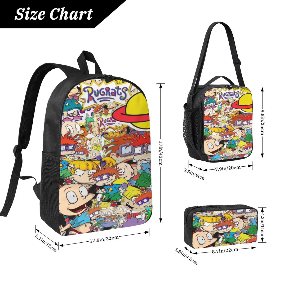 3 pezzi Rugrates Chuckie Finster Theme Borse da scuola Set per Boy Girl Scatole per matite Set di zaini con scatola per il pranzo per studenti Zaino