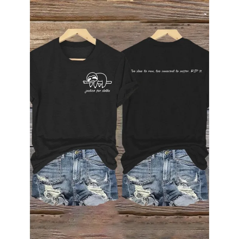ilstile Women's Protect Animals Anima Sloth Print T-Shirts Summer Short Sleeve Casual Tops Black White Tees New Arrival