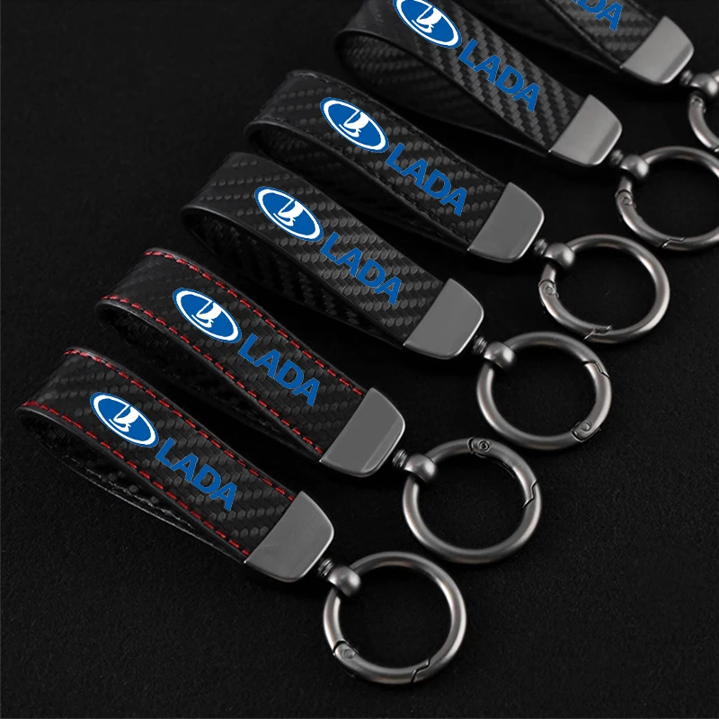 Carbon fiber Car Styling Leather Car Emblem Key Ring Keychain For lada niva 2016 2017 parts diecast vesta With Logo Key Ring