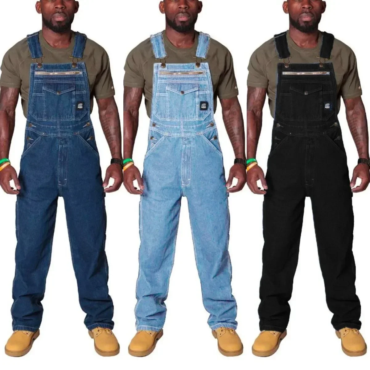 

Men Jeans Washing Denim Mid Waist Full Length Overalls Zipper Fly Pockets High Street Straight Pants 2024 Spring Patchwork