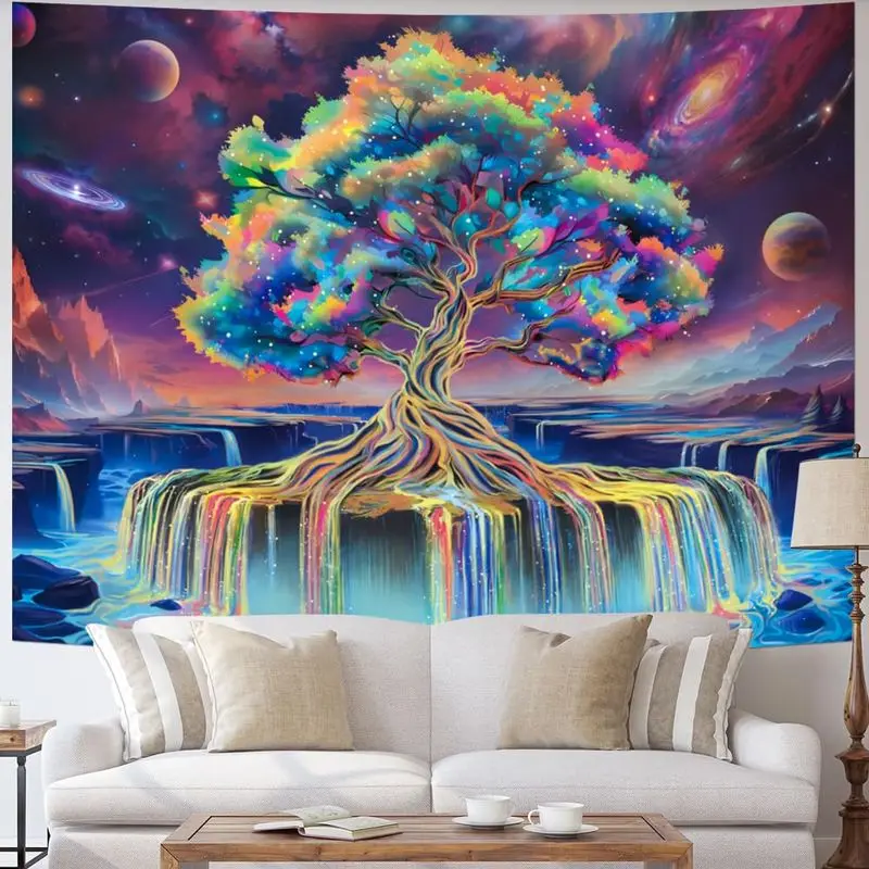 VIKAMA Neon Tree of Life Tapestry, Galaxy Waterfall Wall Hanging, Psychedelic Wall Decor Bedroom Dormitory Esports Room Decor
