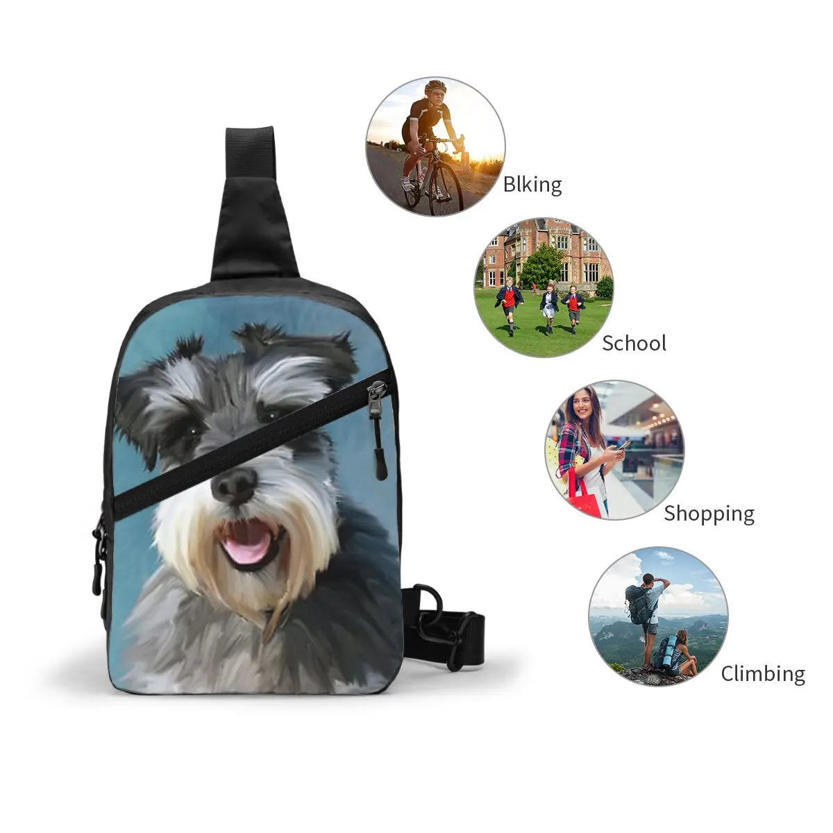 Schnauzer em miniatura cão cor de água arte pintura saco peito masculino estilingue crossbody mochila saco peito caminhadas daypack bolsa ombro