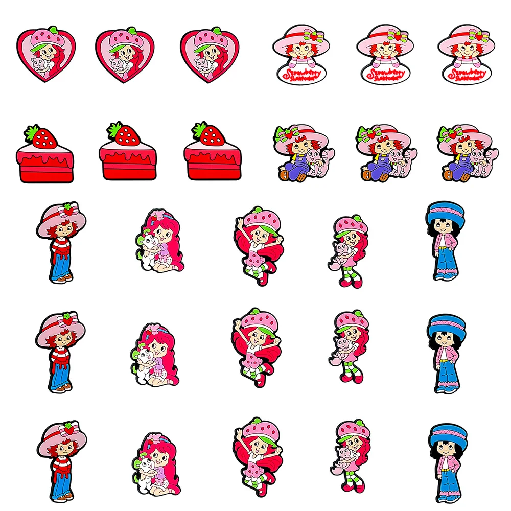 27pcs Cartoon Strawberry Girl Shoe Charms PVC DIY Shoe accessories Decoration Buckle Fit Bands Bracelets Clog Sandal Garden