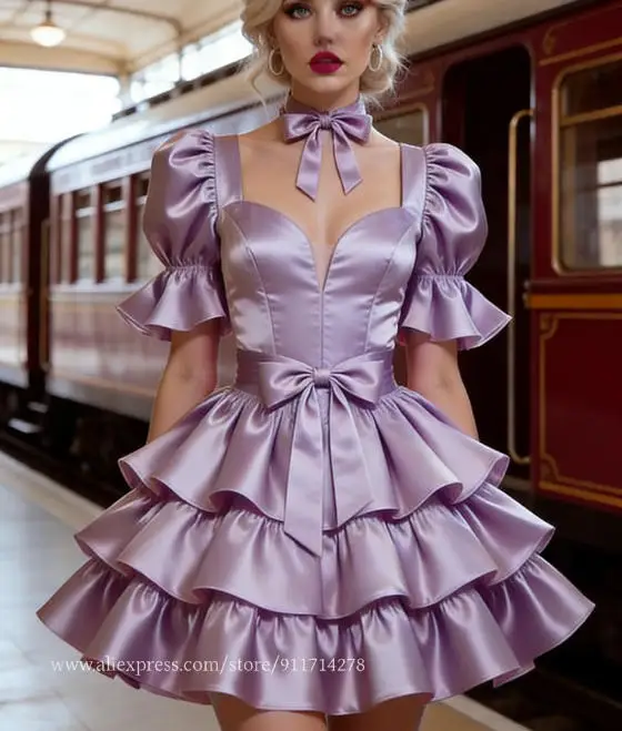 Kurzes Ballkleid mit Rüschen, Puffärmel, Mini-Cosplay-Party-Kostüm, maßgeschneidertes Heimkehr-Geburtstags-Abendkleid für besondere Anlässe