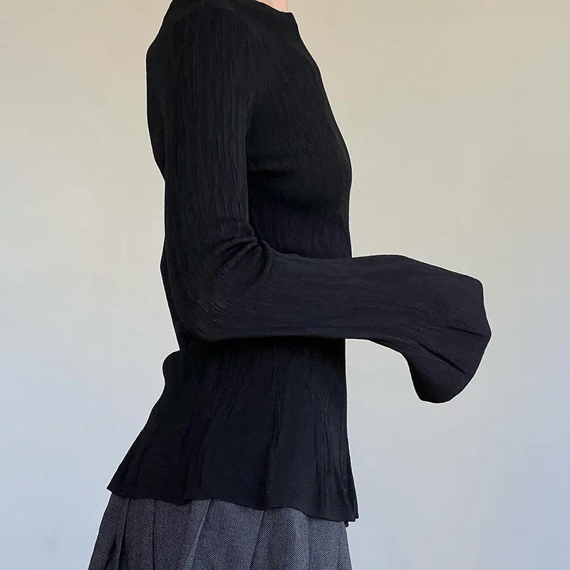 Women's Pleated Flared Sleeve T-shirt Spring Autumn Solid Color Simple Slim Tops American Fashion Texture Female Tees