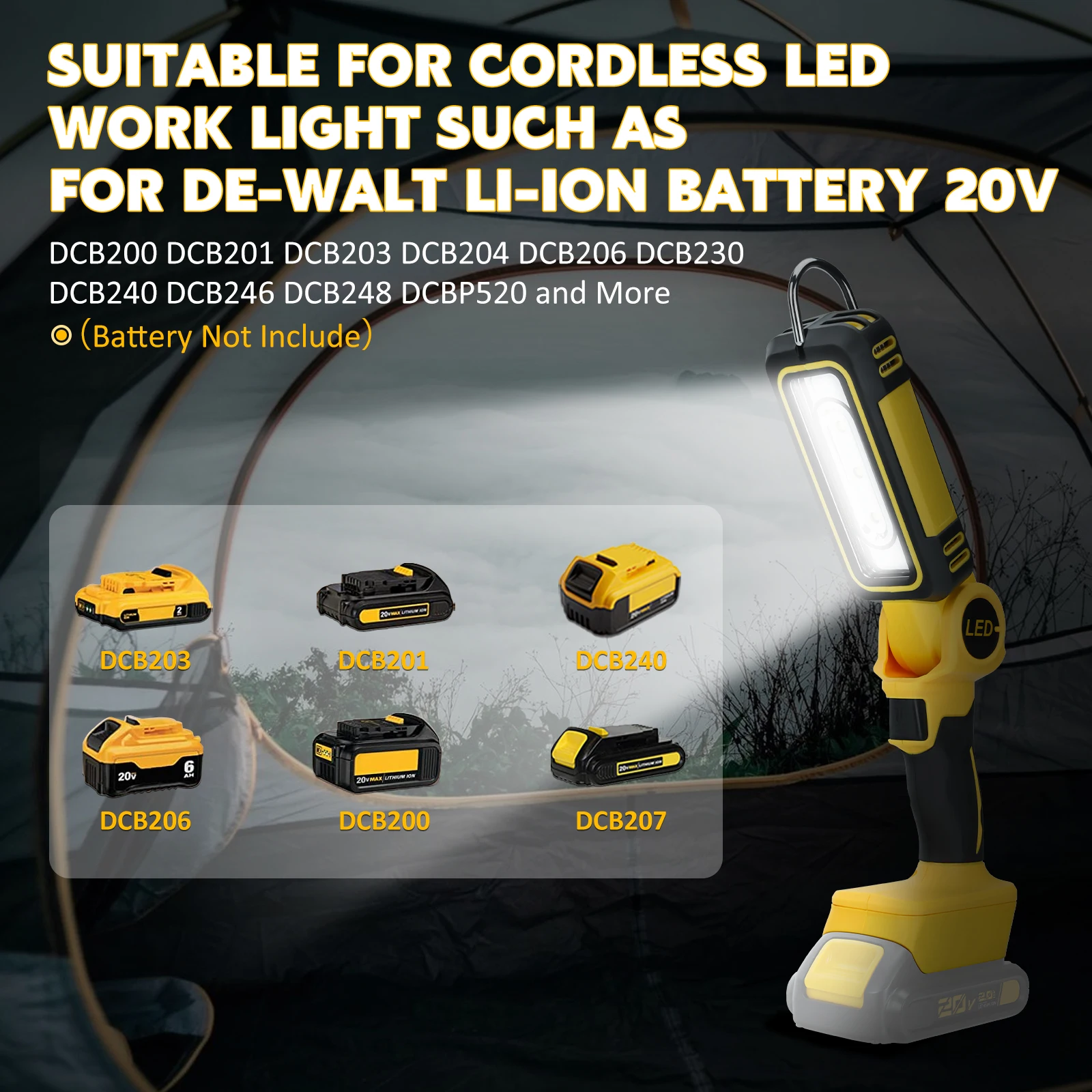 LED Work Light 300W 1200LM for Dewalt 20V Battery 140° Wide-Angle Flashlight for Workshop Outdoor Tool Light (No Battery)