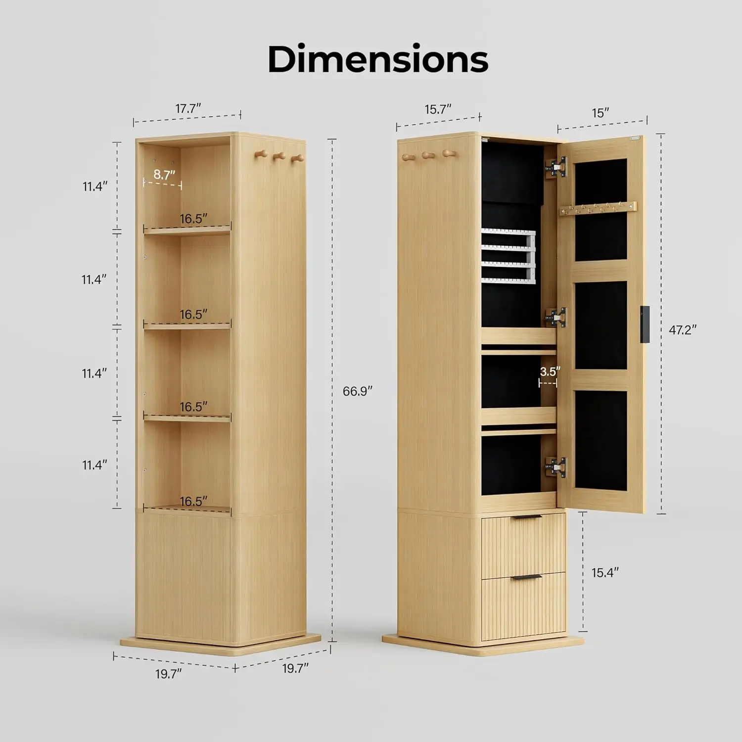 ايرونك 360 °   خزانة مجوهرات دوارة، خزانة مجوهرات مع مرآة كاملة الطول، منظمات مجوهرات واقفة مع درجين، بلوط